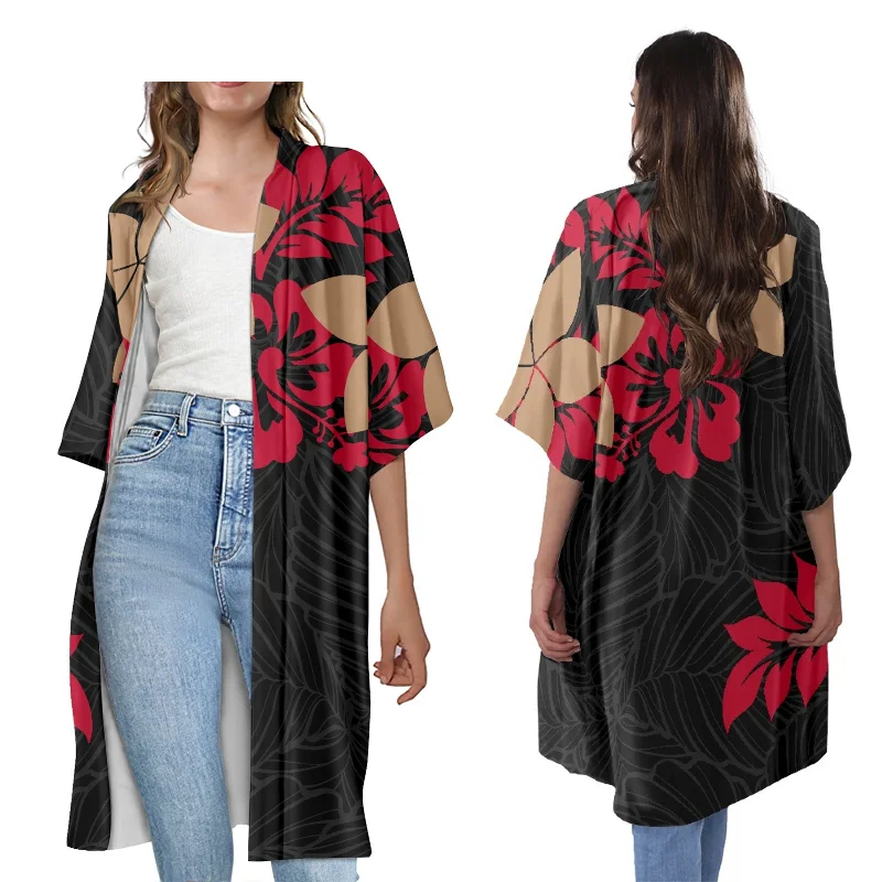 top quality hibiscus print vintage short sleeve long kimono cardigan polynesian tribal design plus size open front cardigan