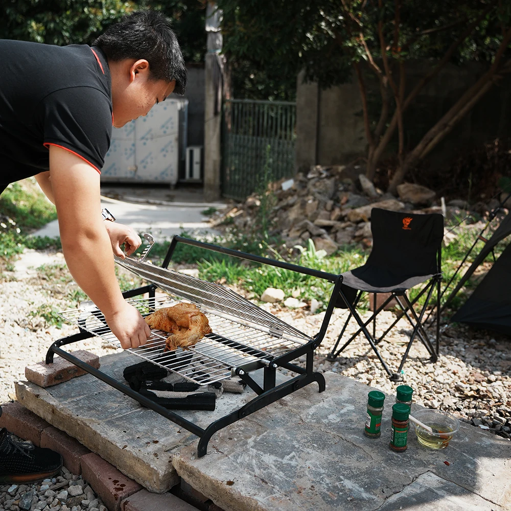 Portable Outdoor Garden Rotisserie BBQ Grill Stainless Steel Basket Net Rotating Charcoal/Wood Burning Flip BBQ Grill