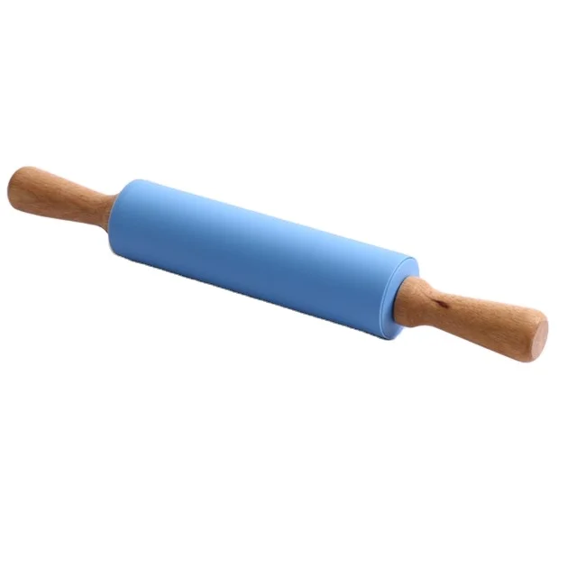 Factory wholesale easy using silicone rolling pin with wood handle Happy kitchen wooden rolling pin