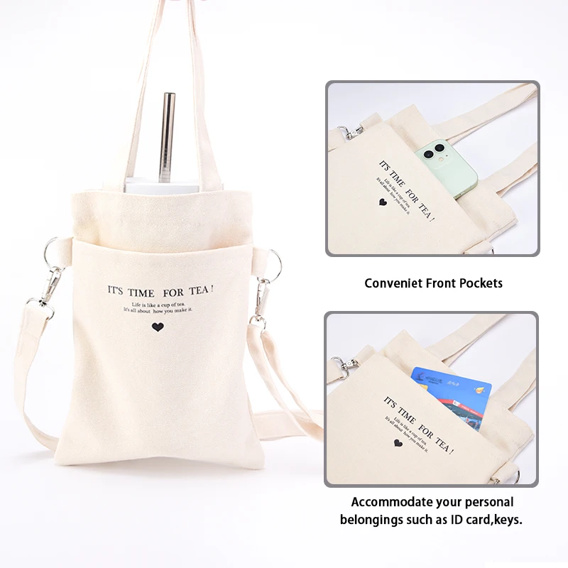 Portable Eco-friendly Minimalists Canvas Bag for Water Bottle with Long and Short Two shoulder strap for Cup and Carry-on items