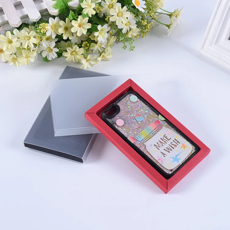 Drawer style sliding out kraft paper phone case retail packaging gift box with frost PVC sleeve