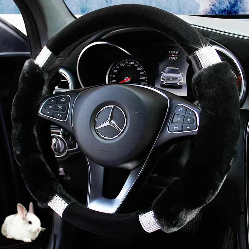 new arrival fancy plush winter warm coldproof universal fur bling rhinestone diamond car women steering wheel cover for