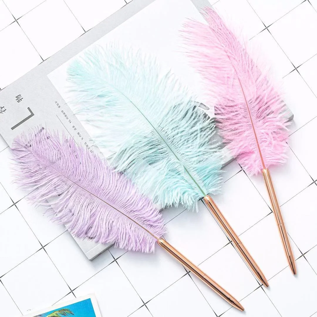 HAITU Custom logo Cheap Metal Barrel Holder Wedding gift pen White Ostrich Feather ball point pen