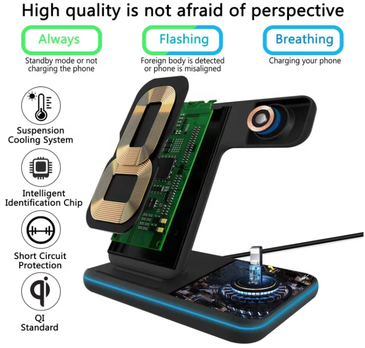 Wireless Fast Charger Qi Portable 3 in 1 Charging Station Cellphone For iPhone Earbuds Air Pod