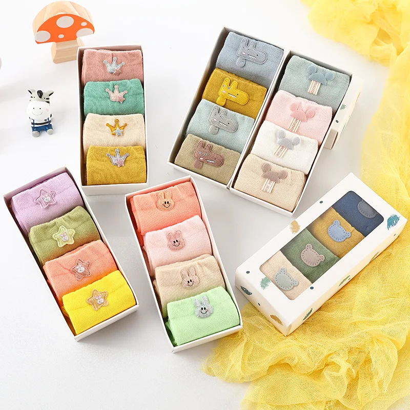 Funny Kids Soft Cotton Socks Girls Cute Cartoon Crew Socks Boys Children Toddlers Sock with Gift Box Set 4 Pairs