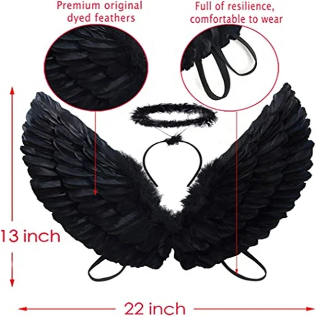 Custom Angel Wings and Halo Costume Set Multiple Color Black Angel Wings Halo Headband  for Kids Halloween Xmas Costume