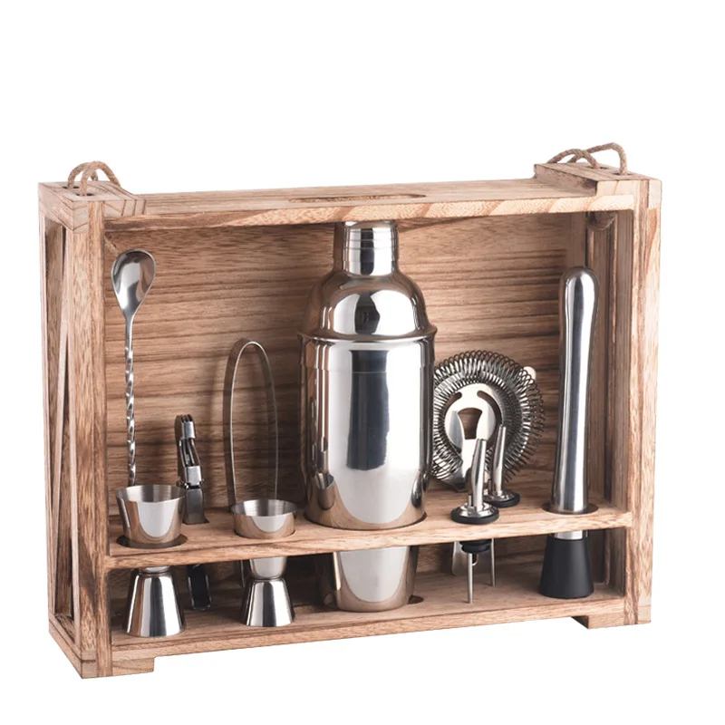 Professional Barware Tools Wooden Stand Travel Gift Stainless Steel Bartender Kit Bar Accessories Cocktail Shaker Set