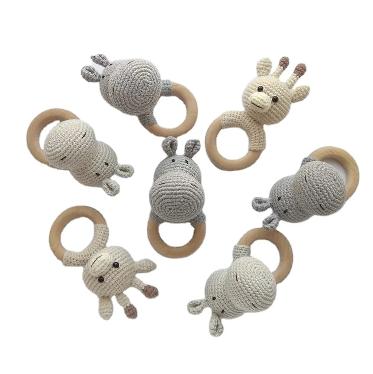 100%Organic cotton animal style handmade wooden crocheted rattle toy
