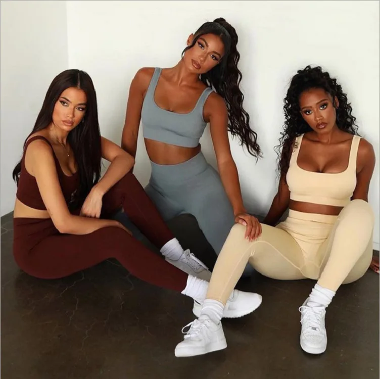 Custom Seamless Gym Activewear Female Sport Fitness Yoga Sets Logo Womens Ribbed 2 piece leggings set