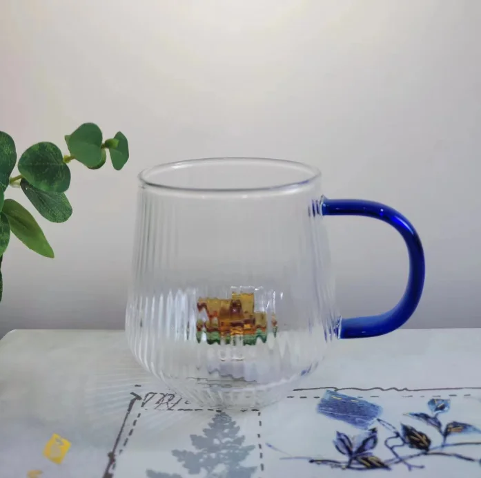 Wholesale Striped Glass Mug With 3D Flower Inside Hand Blown Food Grade Glass Cup With Handle Coffee Cup
