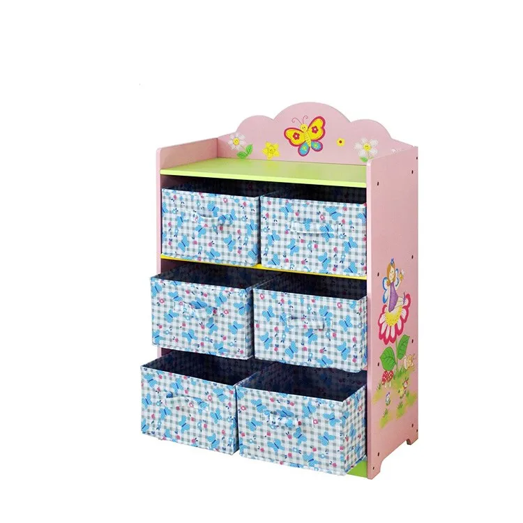 Kids furniture wood toy storage organizer box children kids toy cabinet with fabric bin