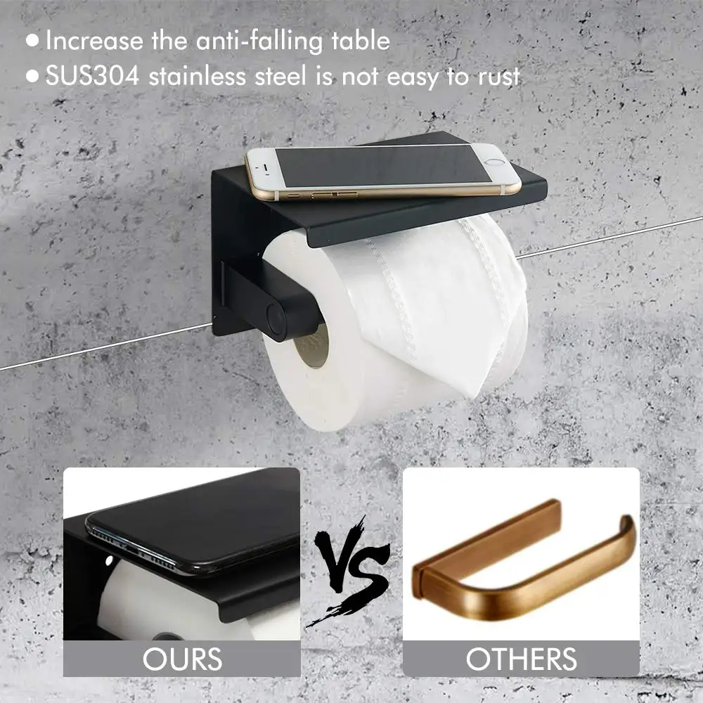 Rustproof Self Adhesive Toilet Paper Holder with Phone Shelf SUS304 Stainless Steel Wall Mounted Toilet Paper Tissue Roll Holder