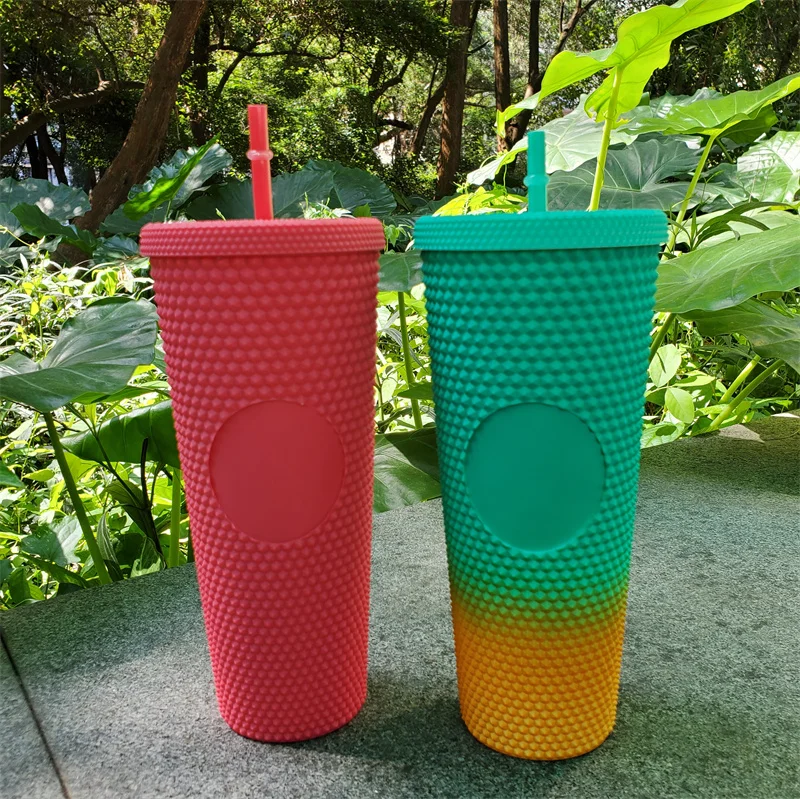 24oz Star Buck Fashion Diamond Radiant Goddess Straw Durian Cup Summer Holiday Cold Cup Tumbler Double Layer Plastic Cup