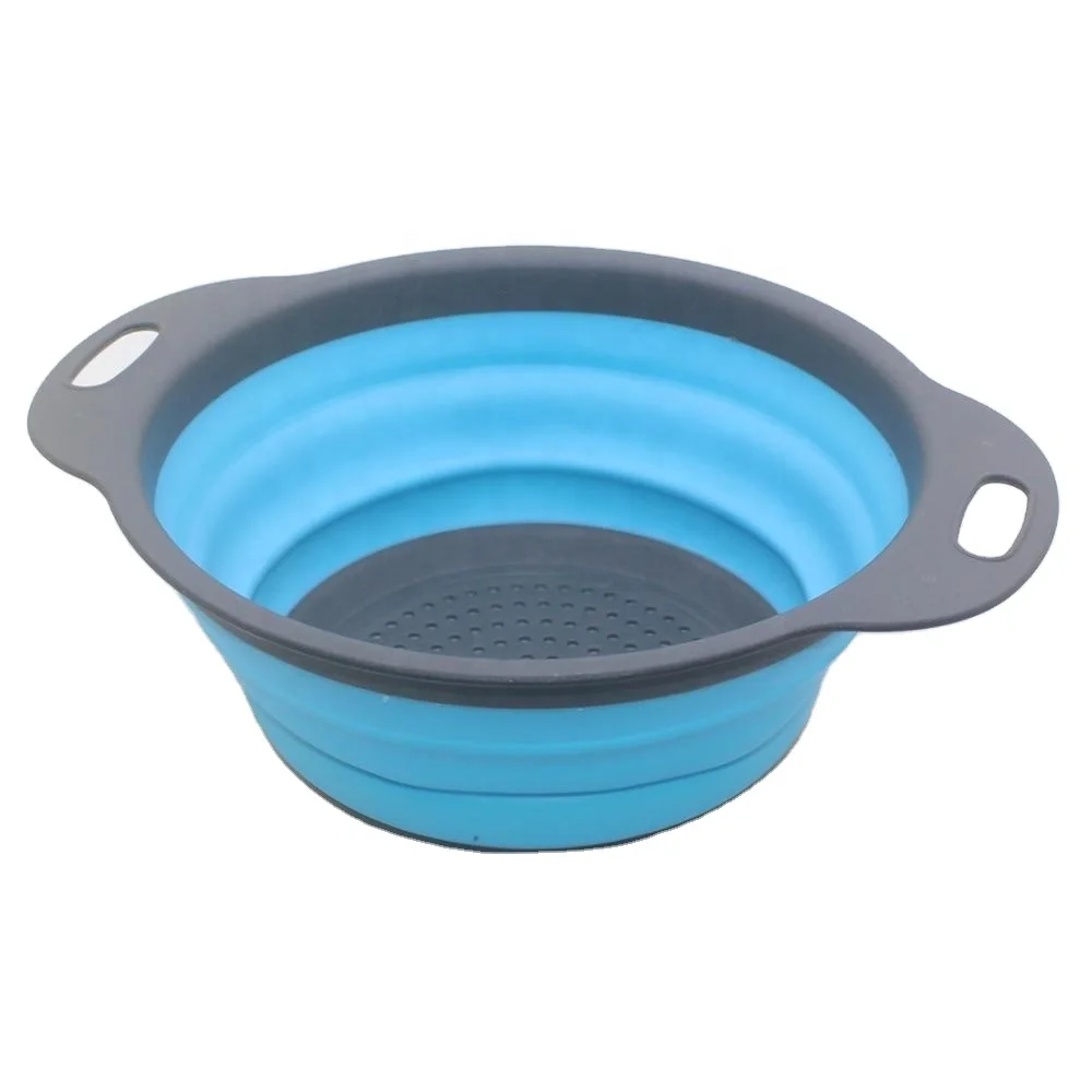 Multifuntion 2 foldable food grade round kitchen vegetable filter strainer bowl set silicone collapsible drain basket colander