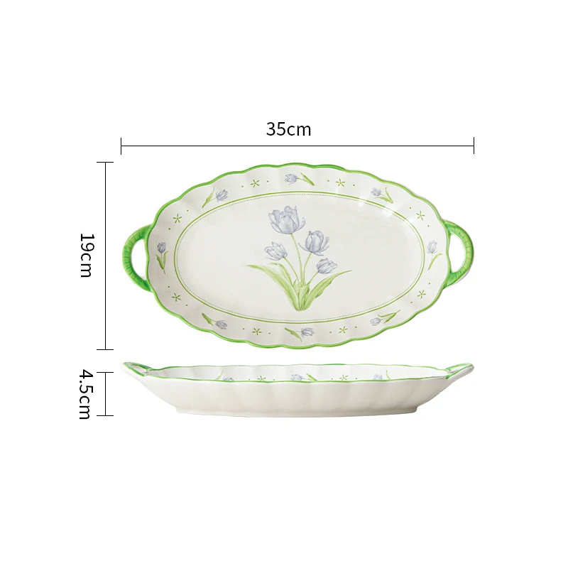 Home Kitchen Tableware Pale Green Flowers Printed Ceramic Bowls Plates And Soup Pot Set For Gift