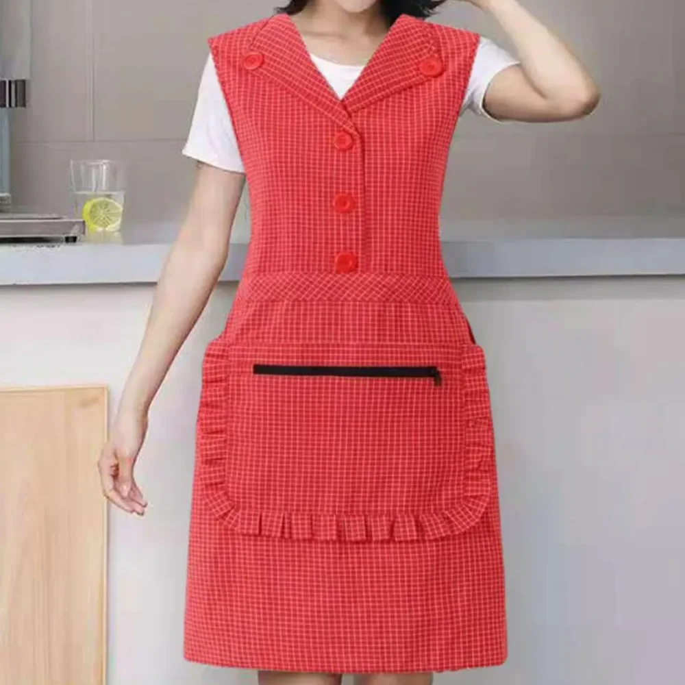 Кухонный фартук без рукавов, маслостойкий Кухонный Фартук с карманами на молнии, хлопковый фартук с узором в клетку, жилет, рабочая одежда для дома