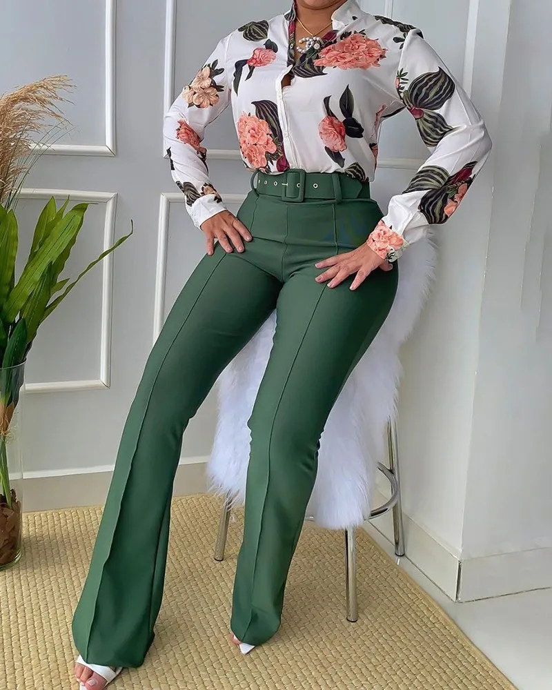 2022 Women 2 Piece Set Shirt + Wide Leg Pants With Belt Office Lady Printed Long Sleeve Stand Collar Tops Casual Suits