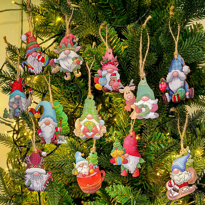 36pcs New Year Christmas Gnome Wooden Pendant Decorations Gift Navidad Happy New Year 2025