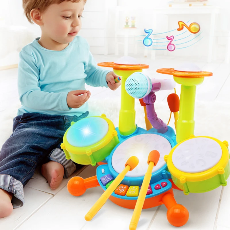 Plastic Musical Electronic Percussion Multifunctional Keyboard Jazz Kids Drum Set with Microphone Cool Light Drum Kit Customized