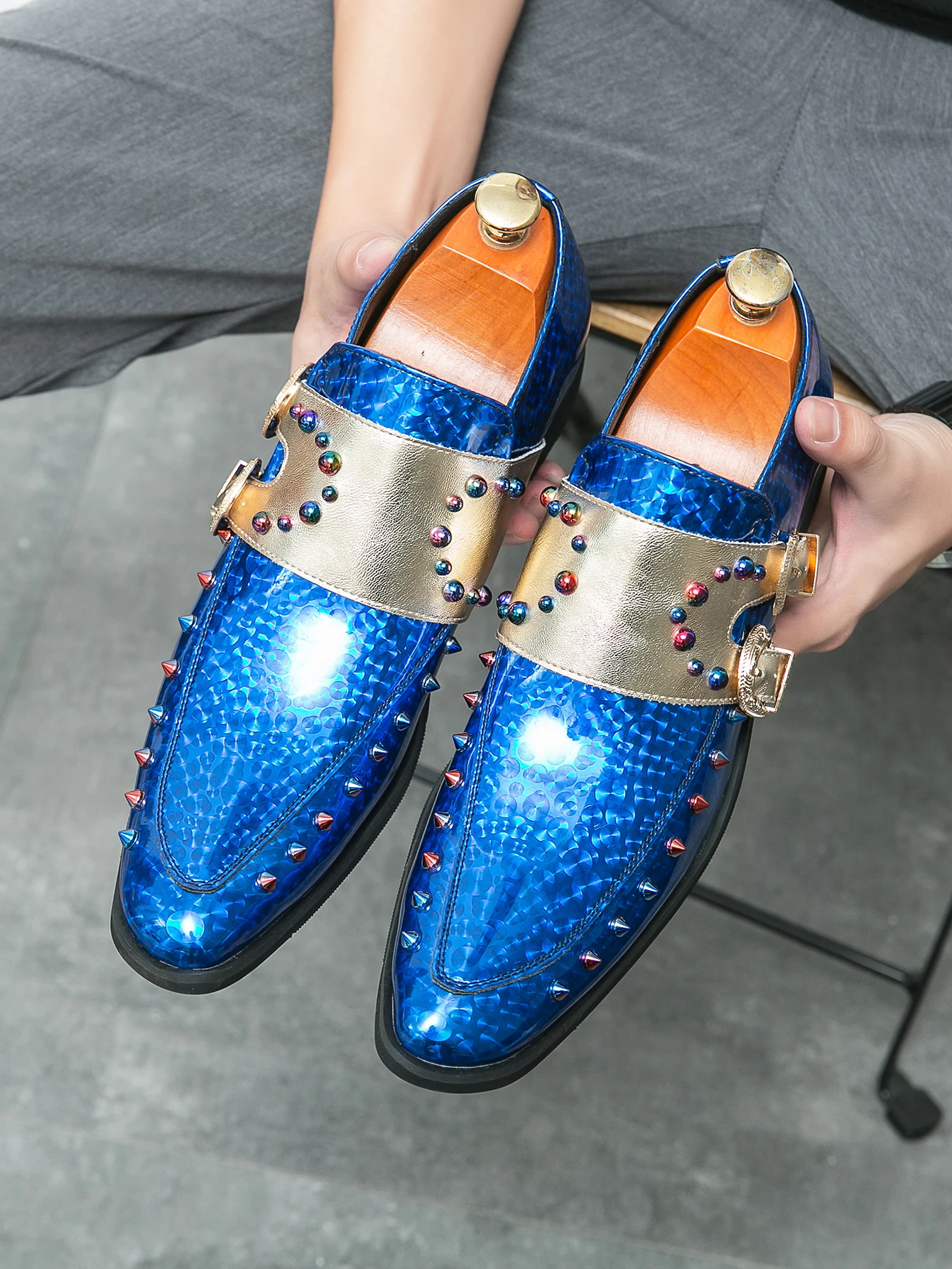 Golden Fancy Formal Loafer Colorful Rivet Upper Double Monk Strap Slip On Men Luxury Dress Shoes