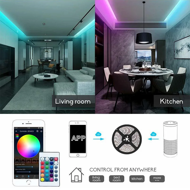 Maaadro Home Brighter 5M 10M 15M 16 Million Colors Alexa Phone App Controlled Music Lamp WiFi 5050 RGB LED Smart Strip Lights