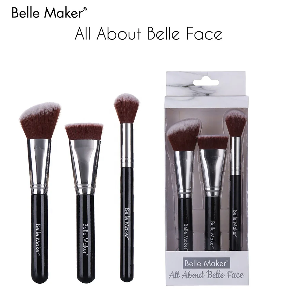 
Black shiny professional Wholesale custom logo fashion upscale glam 3 pcs makeup brush set, contour highlight powder blender 