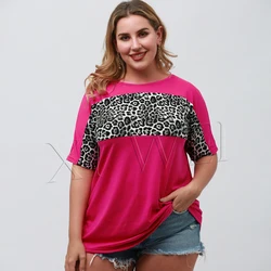Ladiesreadymade rose-carmine patchwork t shirts women blouse Leopard crew neck summer adult women t shirt tshirts