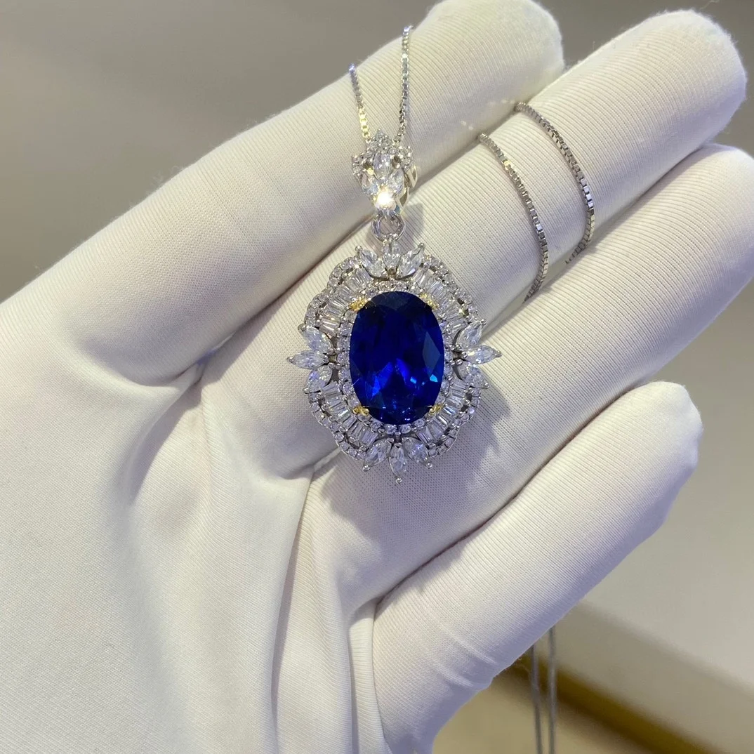 Fine Jewelry 925 Sterling Silver Necklace For Women Colored Gemstones 10*14mm Oval Shape Sapphire Pendant Necklace