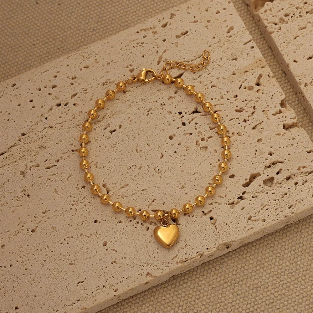 Vintage Heart Shaped Steel Ball Geometric Pendant Stainless Steel Bracelet Waterproof Jewelry Bead Chain Heart Charm Bracelet
