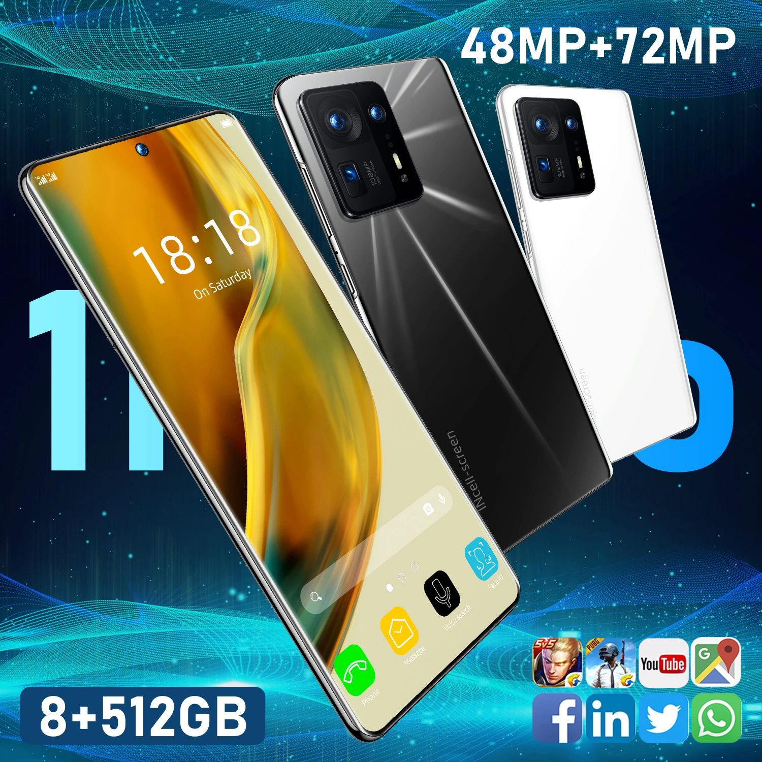 7.3 inch Unlocked Mobile phones 3 sim card 8gb+512gb Android Smartphone for 11T Pro