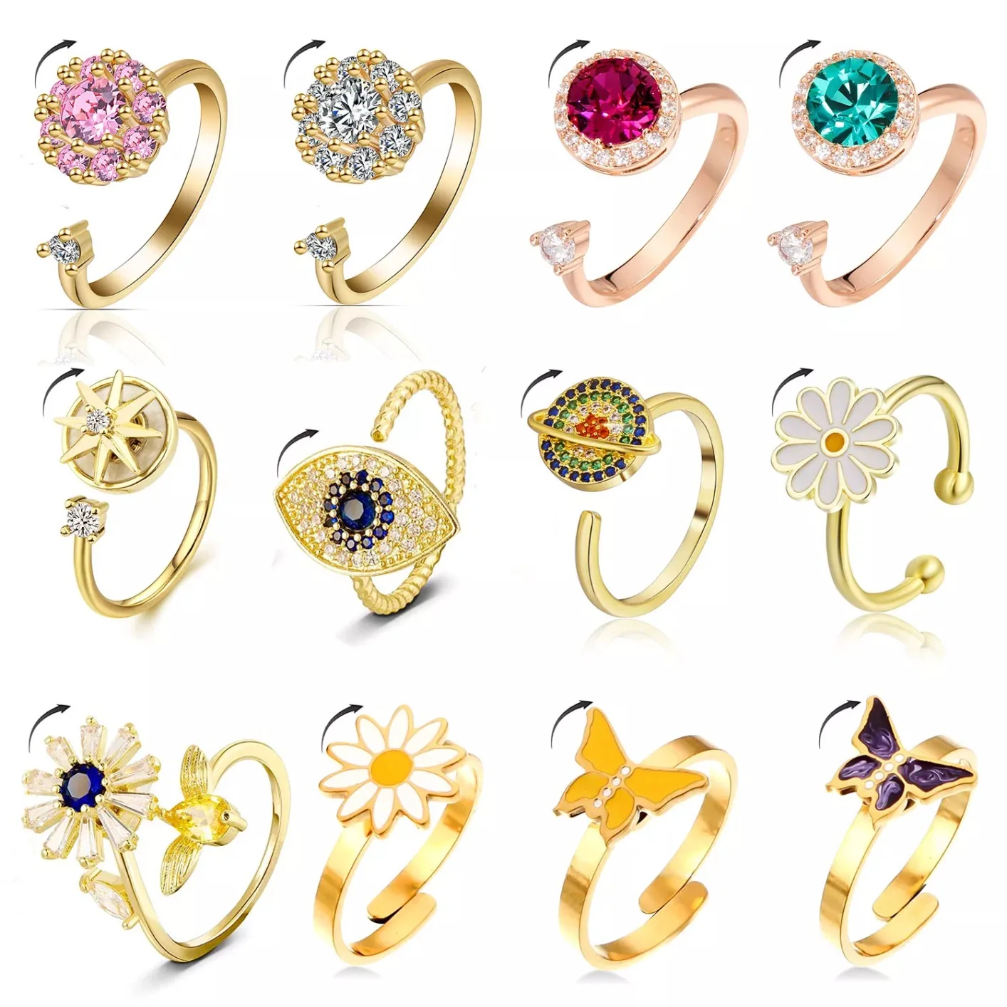 new design girls women ring jewelry gold plated custom rotating crystal adjustable fidget anxiety spinning ring