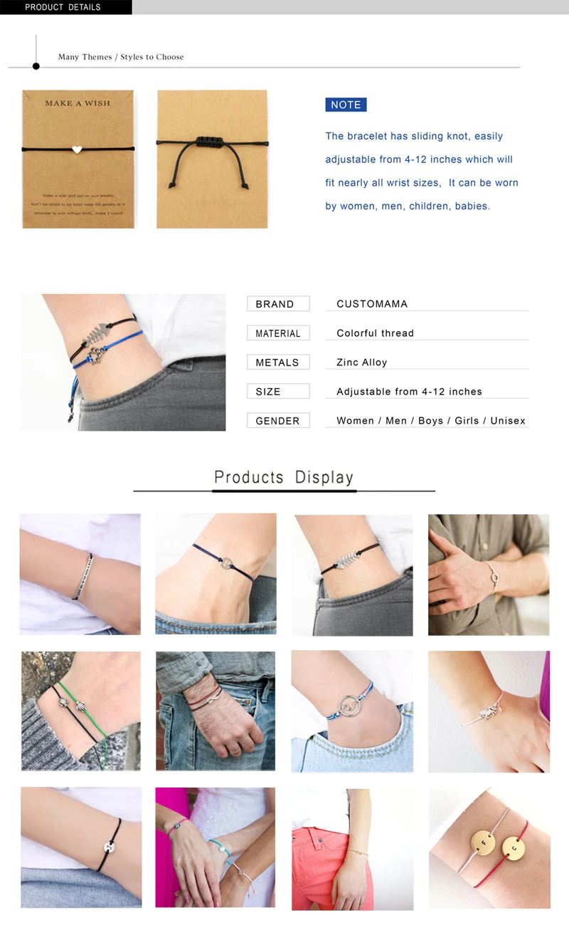 LWD60191 Heart Star Shield Moon Sun Crown Ball Beads Clover Charm Pinky Swear Promise Couple Bracelets with Make a Wish Card