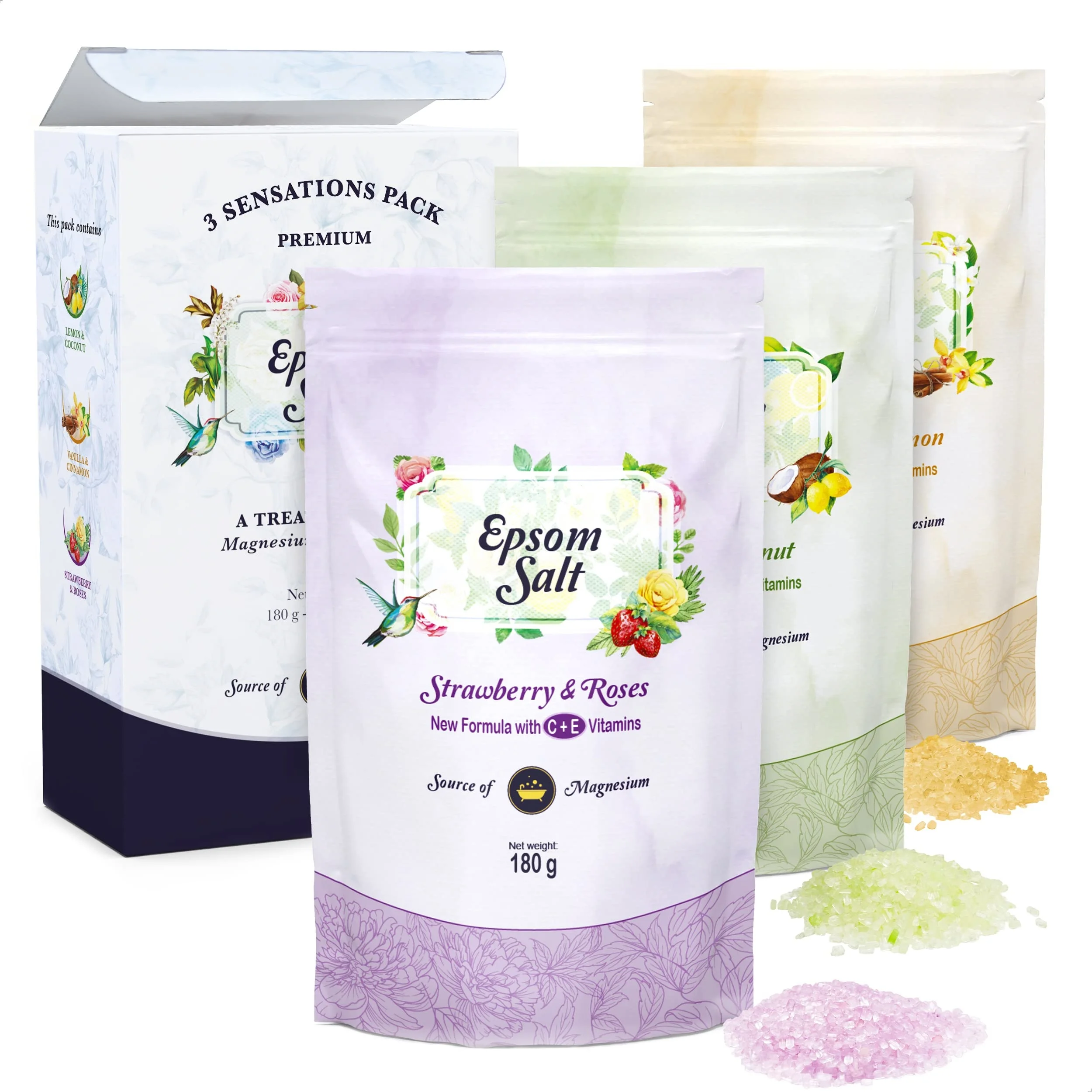 New Arrival Colorful Essential Oil Herbal Vanilla Rose Lemon Fragrances Epsom Salt Gift Set