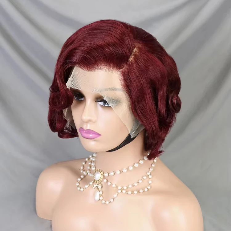 Cheap #99j Color 13x4 Lace Frontal Bob Wig Bouncy Curls Short Human Hair Wigs For Black Women Natural Pixie Cut Wig Wholesale