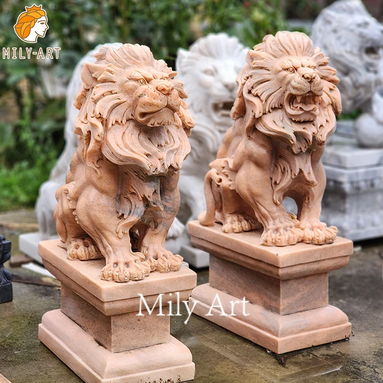 Hand Carved Life Size Decorative Garden Red Marble Lion Statues Sculptures
