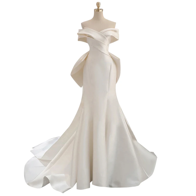 Manufacture made Hot sale luxury Wedding dresses Off-Shoulder A-Line sleeveless satin elegance bridal gown