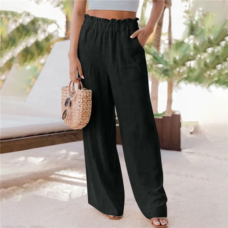 Free Shipping Women Comfy Casual Elastic Lounge Pants Solid Color Pocket Cotton Linen Wide Leg Pants