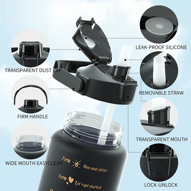 Large Capacity Portable Gradient Drinking Plastic Cup 3 in 1 Motivational Gym Sports Water Bottles