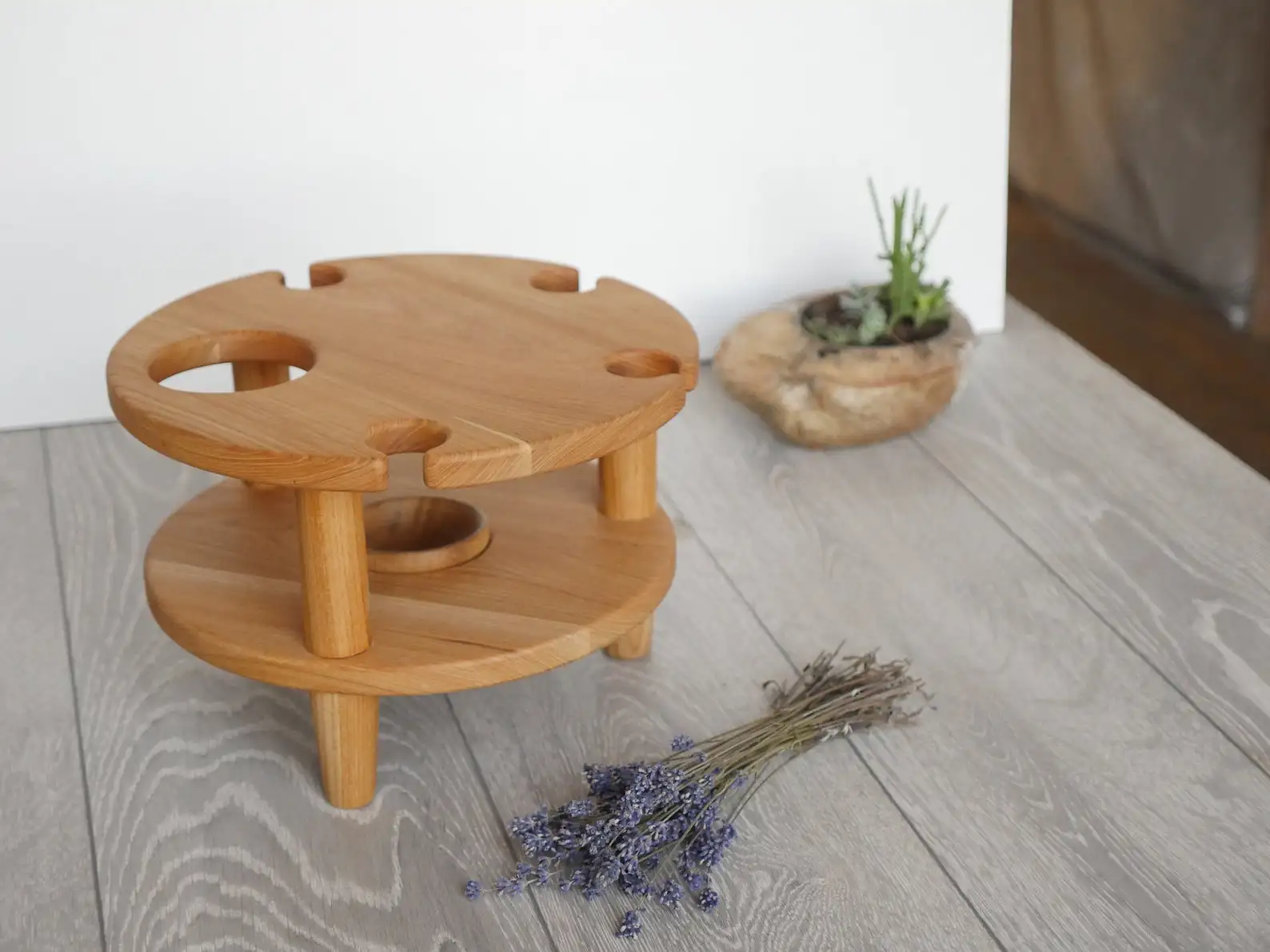 Display Cutlery Coffee Carry Wood Breakfast Storage Home Decoration Box Round Wooden 2-tier Tray