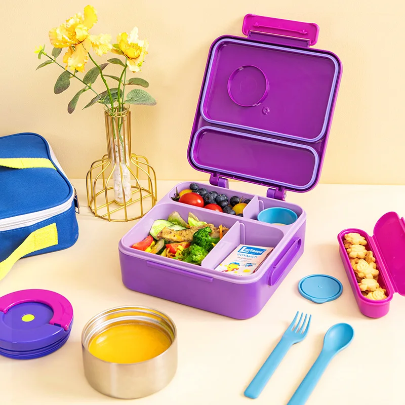 Kids Leak-Proof Bento Lunch Box with 4 Compartments Tritan Tray, Lunch Containers for Kids to School, BPA-Free, Dishwasher safe