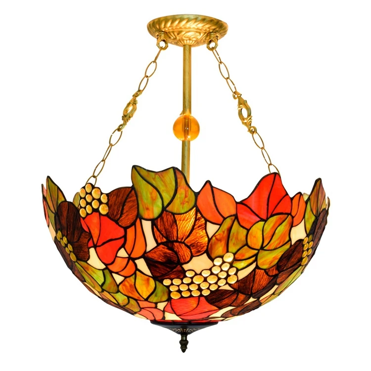 
20 inch American classic red leaf grape inverted lighting Tiffany stained glass Restaurant Bar Club bedroom Upward pendent lamp 