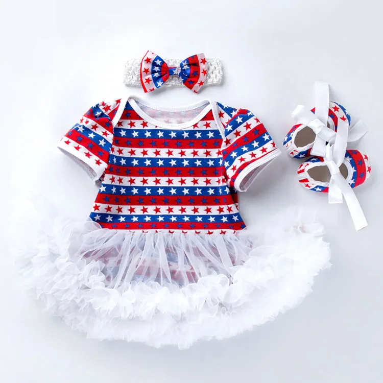 
New Independence Day Short Sleeve baby Romper Skirt Jumpsuit Shoes Three Piece Girls Clothes Dress Sui 