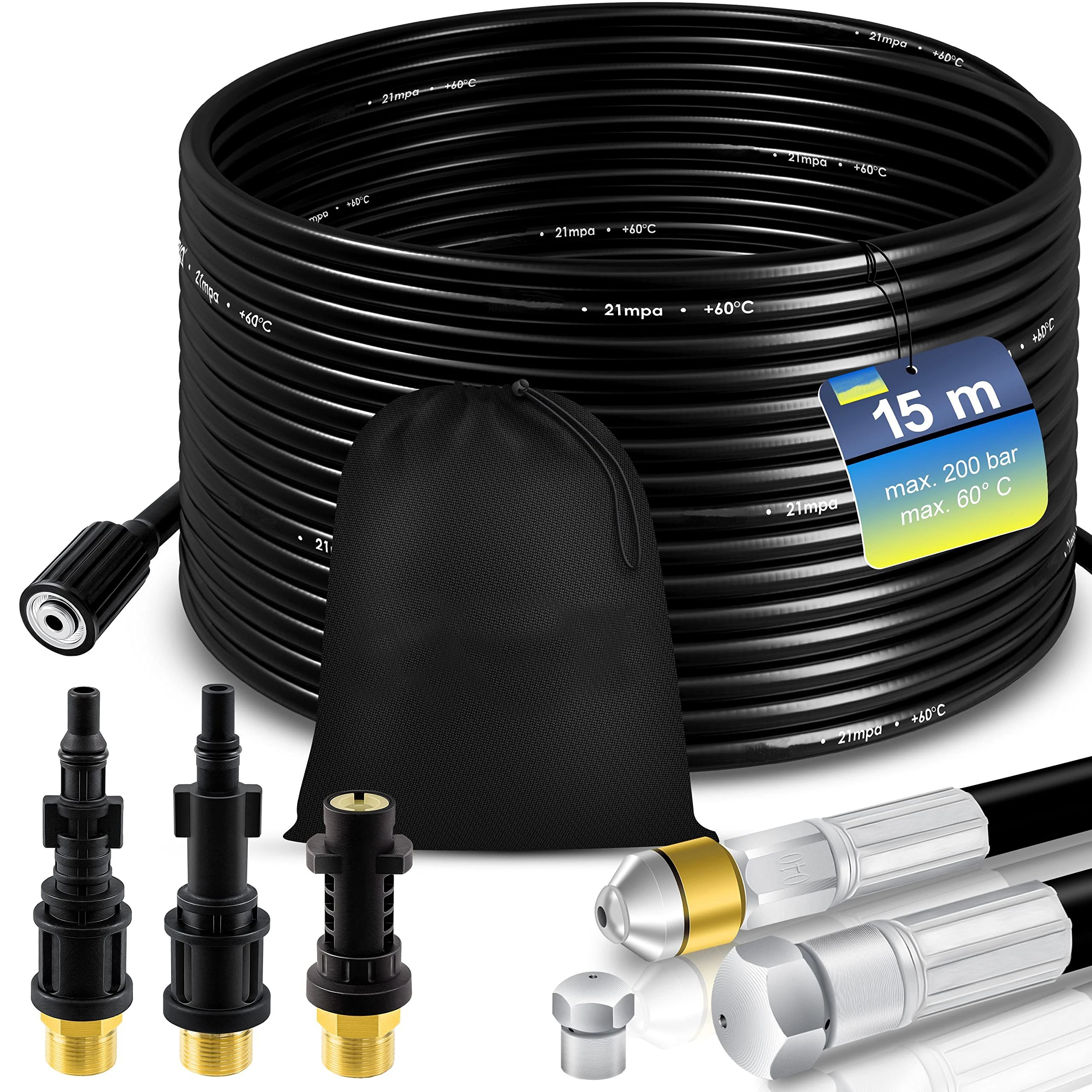 Premium Pipe Cleaning Hose Set Drain Cleaner 15 m Including Rotating Compatible for Karcher k2-k7 Lavor pipe cleaning hose