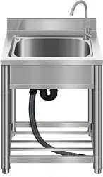 Free Standing Stainless-Steel Single Bowl Restaurant Kitchen Sink Set w/Faucet Drainboard Hand Basin w/Workbench Storage Shelves