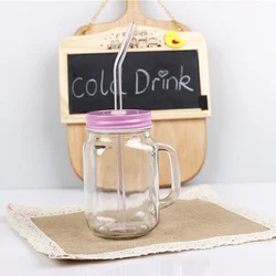 Hot selling  glass mason jar with handle tin lid and straw for juice drinking 450ml