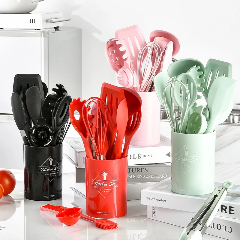 12pcs lovely whole silicone utensil kitchen cooking with utensil storage