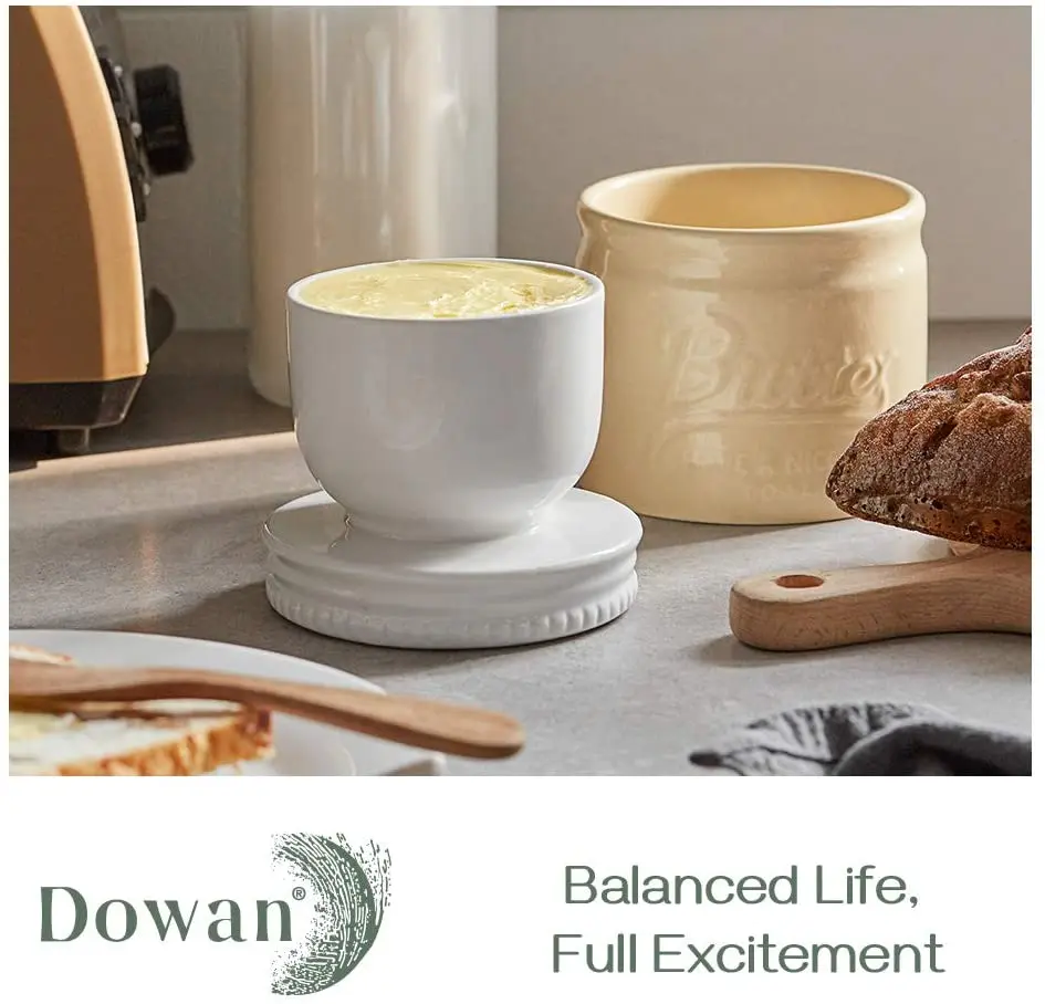 Porcelain Butter Keeper Crock, French Butter Dish with Lid, Embossed Butter Container for Soft Butter