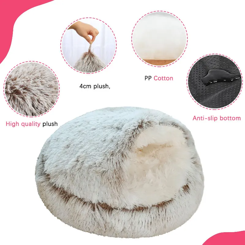 Pet Cat Bed Round Plush Fluffy Hooded Cave Cozy for Indoor Small Dog Beds Doughnut Calm Anti-nxiety