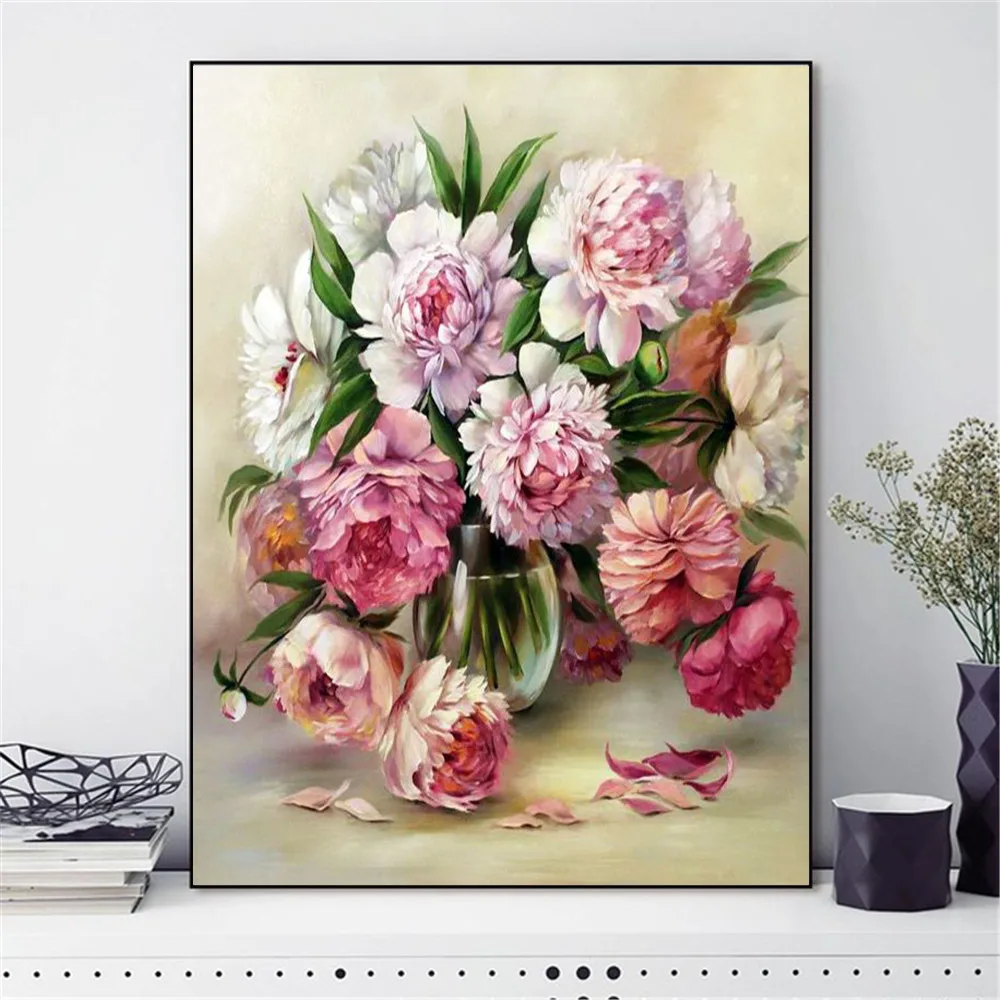 HUACAN Flowers Vase Cross Stitch Kit Embroidery Cotton Thread Peony Mosaic Painting Dropshipping DIY Needlework 14CT Decoration