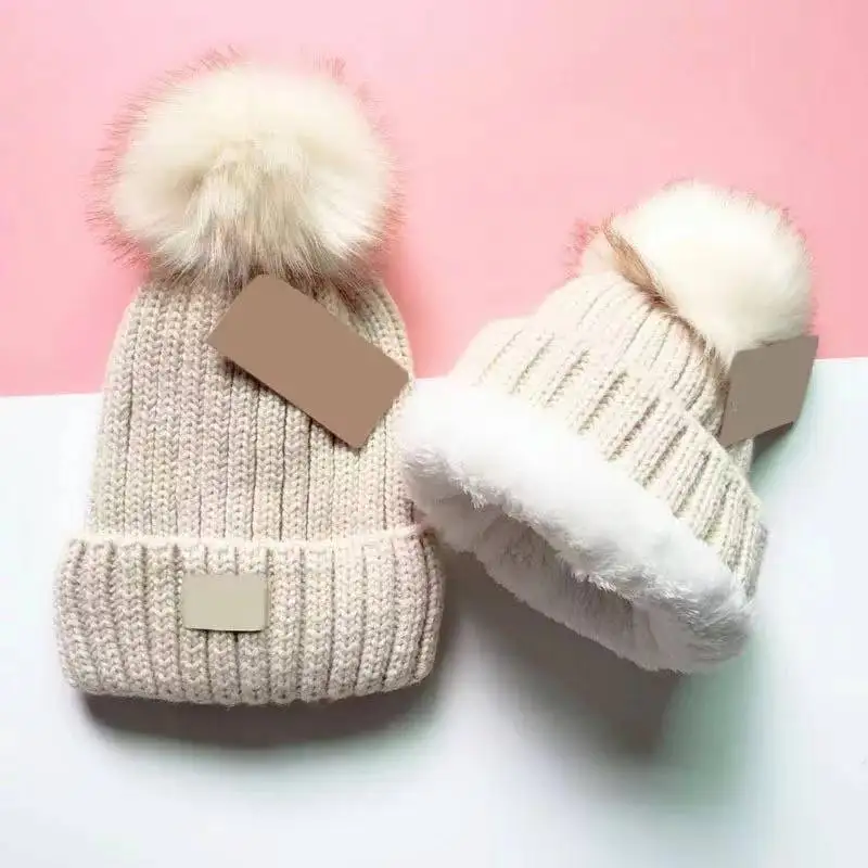 with tag package Women winter pom poms fur ball hat knitted beanies brand designer